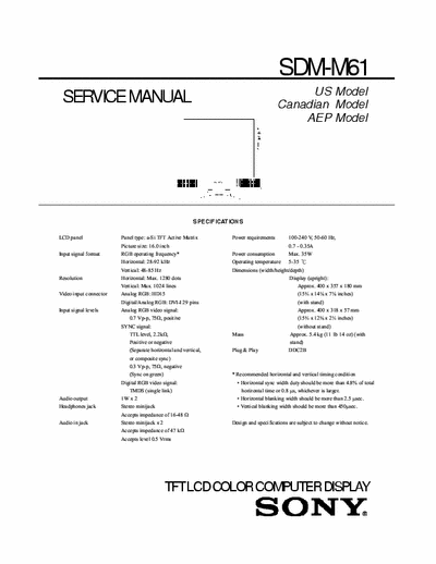 Sony SDM-M61 TFT LCD COLOR COMPUTER DISPLAY Service Manual